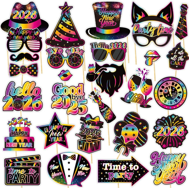 Happy New Year 2026 Party Props – 30-Pc Glitter Selfie Photo Booth Set