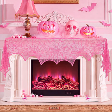 Pink Halloween Lace Spider Web Mantel Scarf 18x96in, Durable Gauze Fireplace Decor