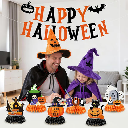 Happy Halloween Decorations Set, Banner & Honeycomb Pumpkin Ghost Witch Centerpieces