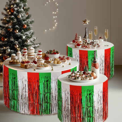 2PCS Christmas Table Skirts – 29x108" Red, Silver & Green Metallic Foil Tinsel Fringe