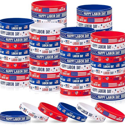60 Pcs Happy Labor Day Silicone Bracelets Red White Blue Patriotic Wristbands