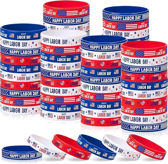 60 Pcs Happy Labor Day Silicone Bracelets Red White Blue Patriotic Wristbands