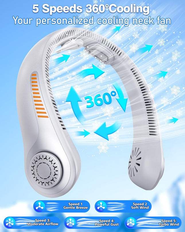 Portable Neck Fan, Rechargeable Personal Fan, 5-Speed, Quiet & Lightweight