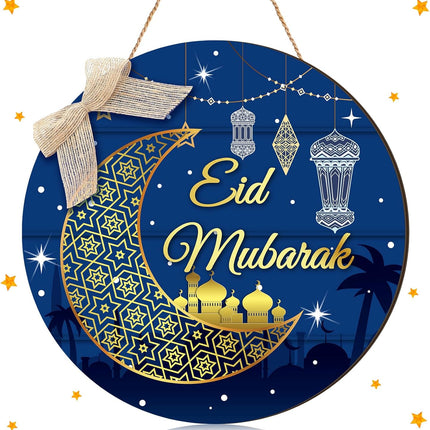 Eid Mubarak Wooden Hanging Sign Ramadan Door Wreath Moon Decor