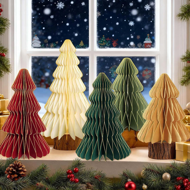 5Pcs Vintage Style Light-Up Honeycomb Paper Christmas Tree Table Decor