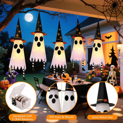 3-Pack 38in Lighted Halloween Hanging Ghosts with Witch Hat, Indoor Outdoor Decor