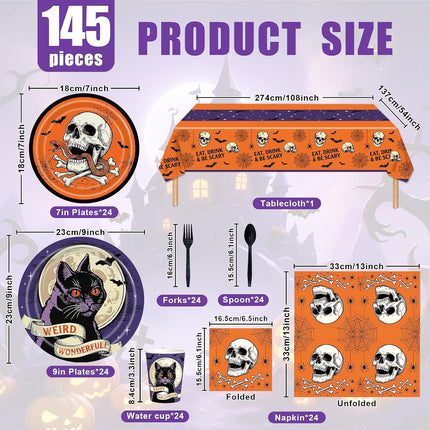 145-Piece Halloween Tableware Set, Black Cat Skull Plates, Cups, Napkins & Tablecloth