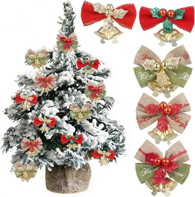 25 PCS Mini Christmas Bows with Bells Linen DIY Ornaments 2.2 Inch