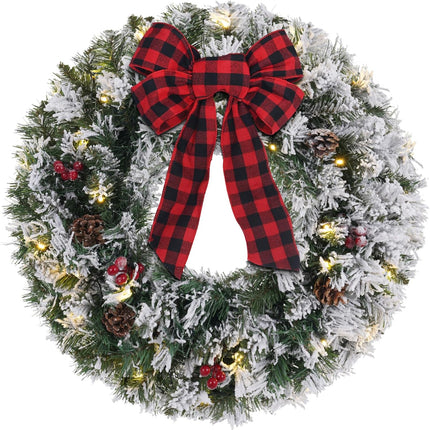 2FT Snowy Flocked Christmas Wreath with LED Lights, Bow, Pinecones, Indoor/Outdoor