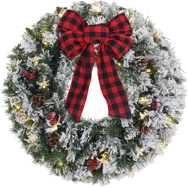 2FT Snowy Flocked Christmas Wreath with LED Lights, Bow, Pinecones, Indoor/Outdoor