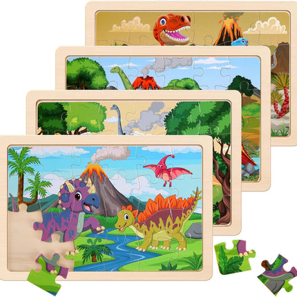 Wooden Dinosaur Puzzles – 4-Pack, 20 Pieces, Educational Toy for Kids 3-6