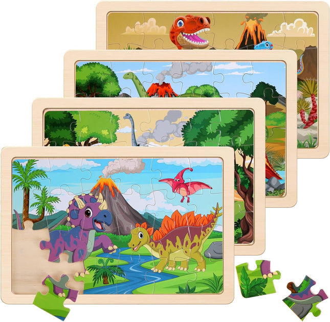 Wooden Dinosaur Puzzles – 4-Pack, 20 Pieces, Educational Toy for Kids 3-6