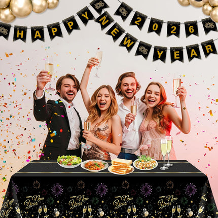 2-Piece 2026 NYE Tablecloths – Black & Gold Disposable Table Covers