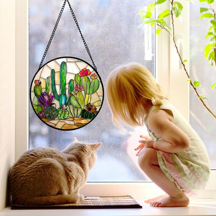 6.3" Cactus Stained Glass Suncatcher, Window Hanging Decor, Gift for Women, Mom & Grandma
