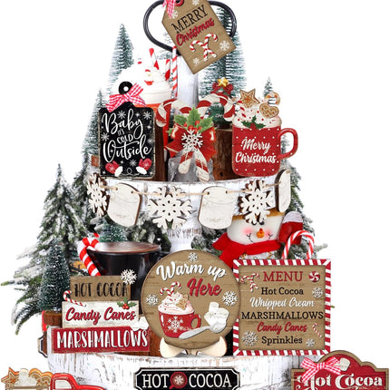 Christmas Tiered Tray Set – Wooden Snowman, Snowflake, Gnome, and Truck Winter Holiday Décor