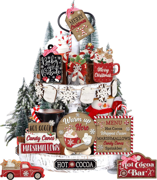 Christmas Tiered Tray Set – Wooden Snowman, Snowflake, Gnome, and Truck Winter Holiday Décor