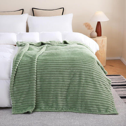 Sage Green Fleece Throw Blanket 50×60 – Soft Plush Microfiber, Striped
