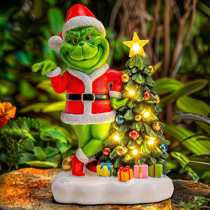 Green Monster Solar Garden Statue with Christmas Tree – Outdoor Figurine with 6 LED Lights