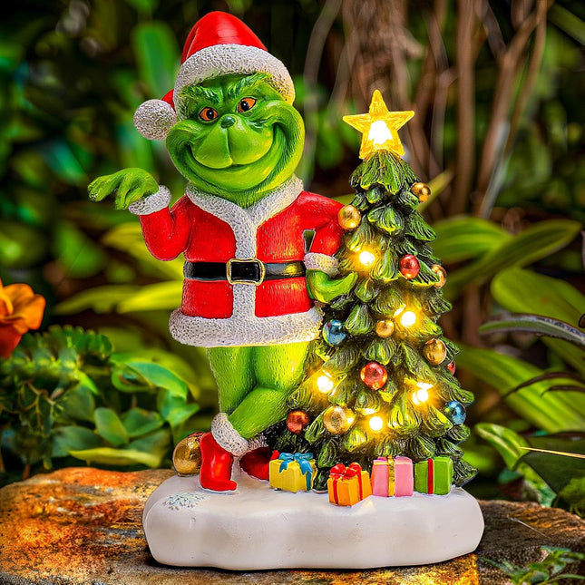 Green Monster Solar Garden Statue with Christmas Tree – Outdoor Figurine with 6 LED Lights