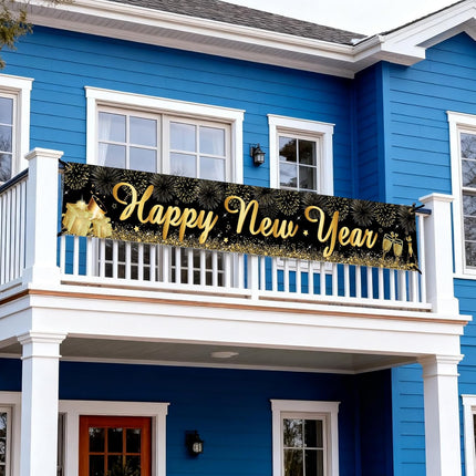 Happy New Year 2026 Outdoor Banner – Black & Gold Yard & Garden Decor