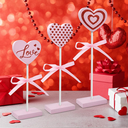 3 Pcs Valentine’s Day Tiered Tray Decor Set: Pink Wooden Heart Signs for Home