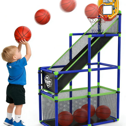 Adjustable Kids Basketball Hoop Set with Ball Return, 4 Balls, Indoor Outdoor