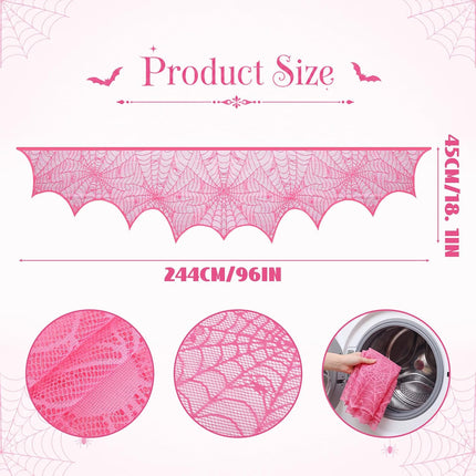 Pink Halloween Lace Spider Web Mantel Scarf 18x96in, Durable Gauze Fireplace Decor