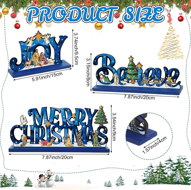 3-Pc Wooden Nativity Table Decor – Christian Christmas Centerpiece Set (Blue)