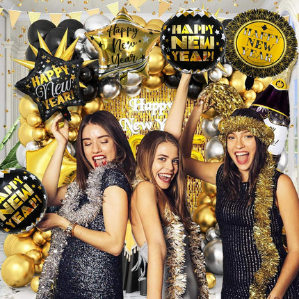 12 PCS Happy New Year 2026 Balloons 18" Black & Gold Foil Party Decorations