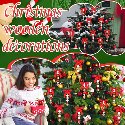12 Sets Candy Cane Christmas Ornaments – Rustic Wood & Bead Decor with Bows