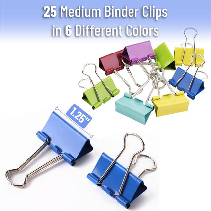 25-Pack 1.25” Colored Binder Clips – Medium Paper Clamps for Office & School