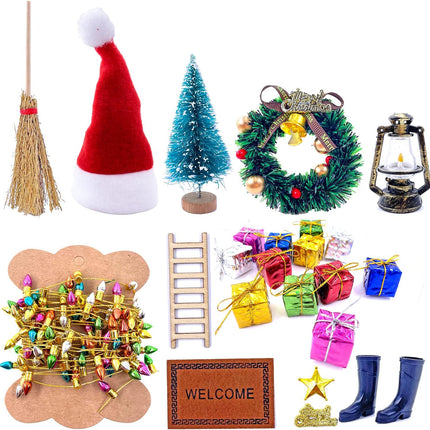 22 PCS Dollhouse Christmas Decorations Mini Tree Wreath Light String DIY