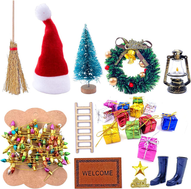 22 PCS Dollhouse Christmas Decorations Mini Tree Wreath Light String DIY