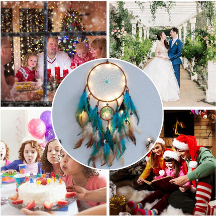 Blue Tree of Life Dream Catcher with Feathers, Quartz Beads and LED Fairy Lights