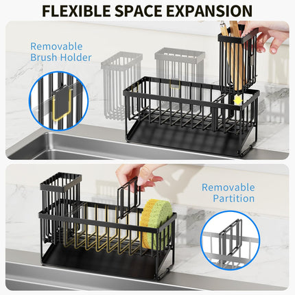 Sink Caddy Sponge Holder with Brush & Stainless Steel Self-Drain Tray for Kitchen