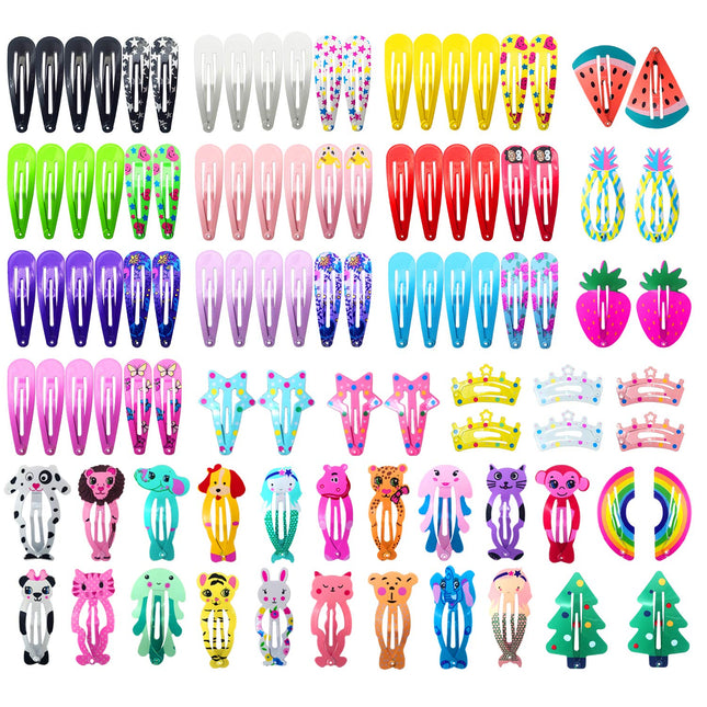 100PCS Snap Hair Barrettes for Girls, Colorful 2" Metal Clips, Non-Slip Animal & Star Pins