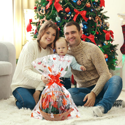 12 PCS Large Christmas Basket Bags – Clear Cellophane with Red & Green Ties