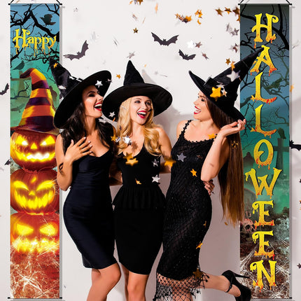 2-Piece Halloween Door Banners, Evil Pumpkin Witch Hat Porch Wall Hanging Decor