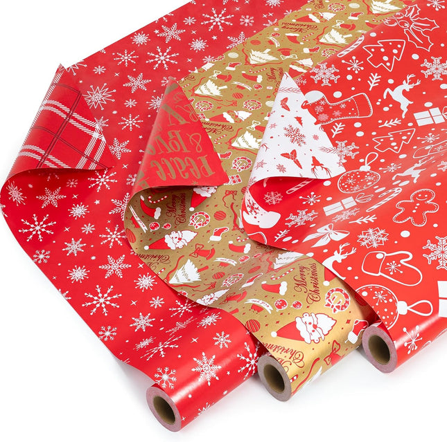 3PCS Small Christmas Wrapping Paper Rolls – 17"x198" Reversible Gift Wrap