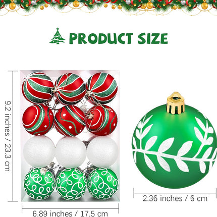 24PCS Christmas Ball Ornaments Painting and Glitter Red Green White 8 Patterns