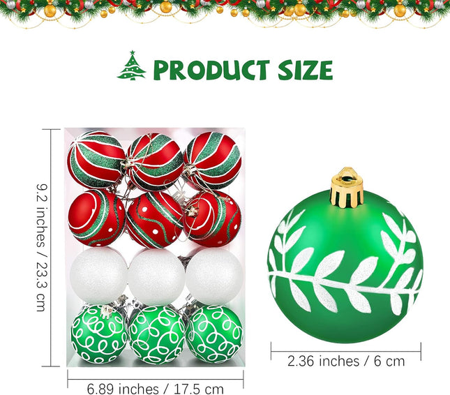 24PCS Christmas Ball Ornaments Painting and Glitter Red Green White 8 Patterns