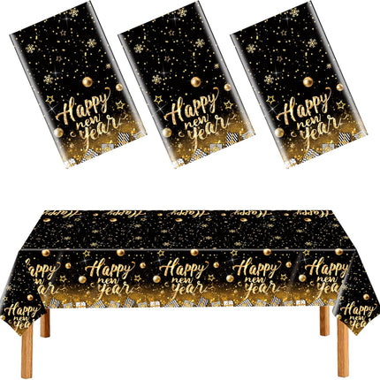 3-Pc Black Happy New Year Tablecloth – Gold Stars & Balls 54×108in