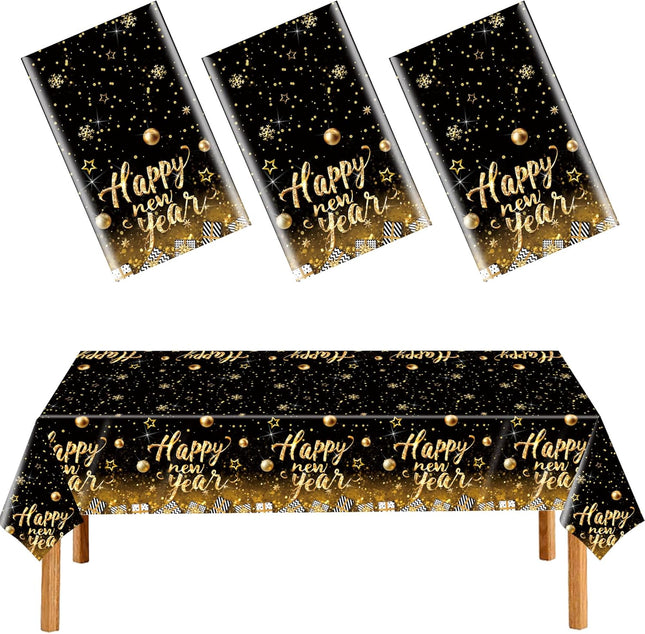 3-Pc Black Happy New Year Tablecloth – Gold Stars & Balls 54×108in