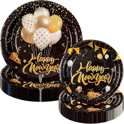 50 PCS New Year 2026 Paper Plates Black & Gold 9" & 7" Disposable Tableware