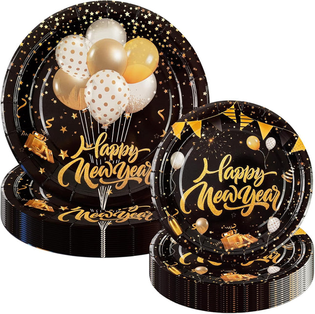 50 PCS New Year 2026 Paper Plates Black & Gold 9" & 7" Disposable Tableware