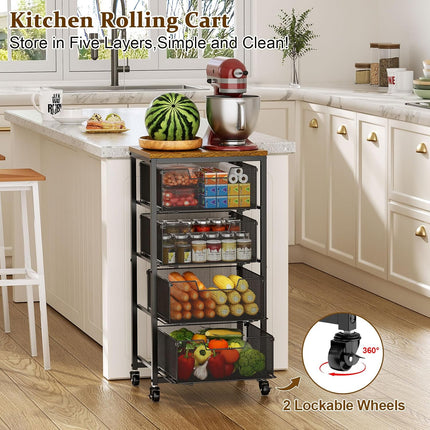 4-Tier Kitchen Rolling Storage Cart with Wooden Top, 4 Pull-Out Drawers and Lockable Wheels