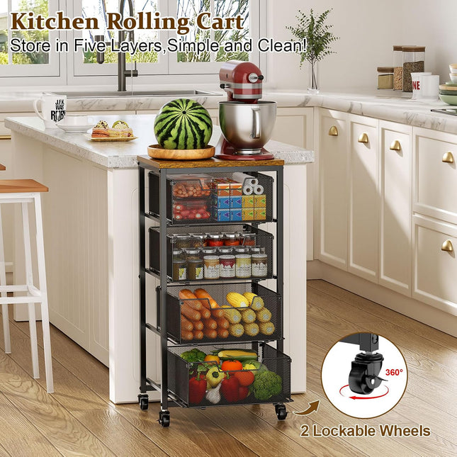 4-Tier Kitchen Rolling Storage Cart with Wooden Top, 4 Pull-Out Drawers and Lockable Wheels