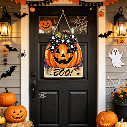 Reversible Fall Halloween Door Decor, Rustic Wooden Pumpkin Thanksgiving Hanging Sign