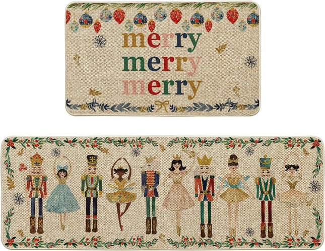 Christmas Kitchen Mats Set of 2 – Nutcracker Design, 17x29 & 17x47 Inches