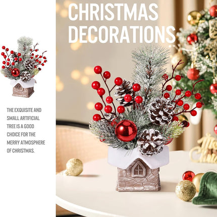 Small Christmas Tree with Snow Tabletop Decor with Ornaments, Pine & Berry
